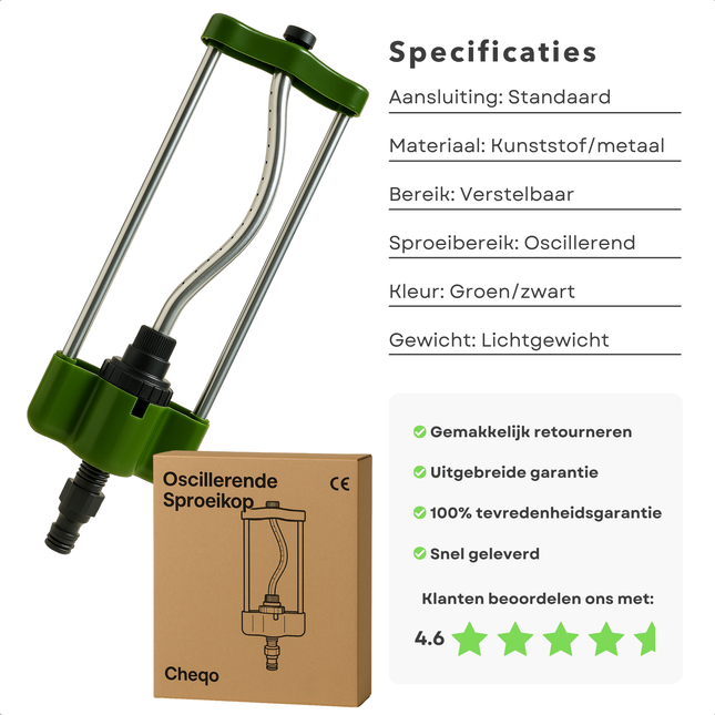 Cheqo® Zwenksproeier met Oscillerende Sproeikop - Instelbare Sproeier - Tuinsproeier - Compact Ontwerp - Geschikt voor Tuinslang