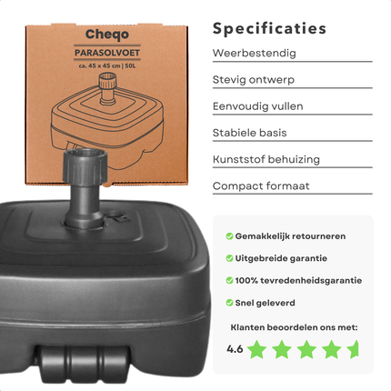 Cheqo® Parasolvoet Antraciet - Parasolhouder - Vulbaar - Verrijdbaar - 50L - Kunststof - Zware Basis