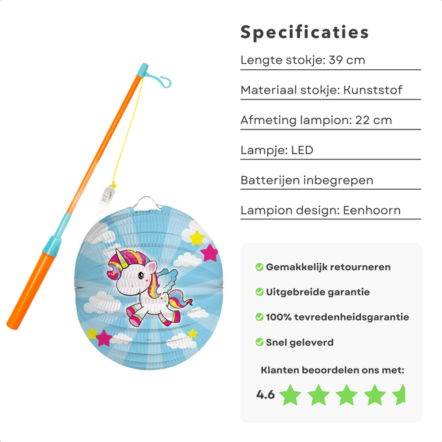 Cheqo® Sint Maarten Lampion en Lampje - Lampionstokje LED - Unicorn Lampion - Lampionstok 11 November - Lampion Lamp + Eenhoorn Lampion - 39cm Stok + 22cm Lampion
