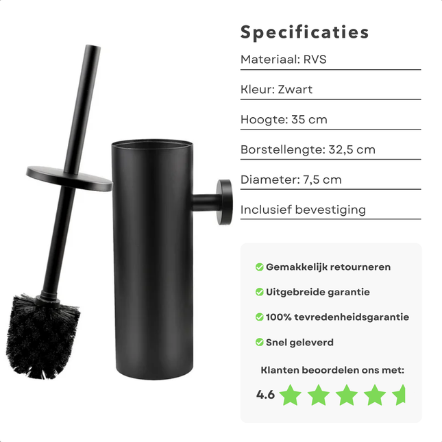 Cheqo® Zwarte Toiletborstel Met Wandhouder -  Wc Borstel - Toilet Borstel Houder - RVS - 35 cm Hoog - Moderne