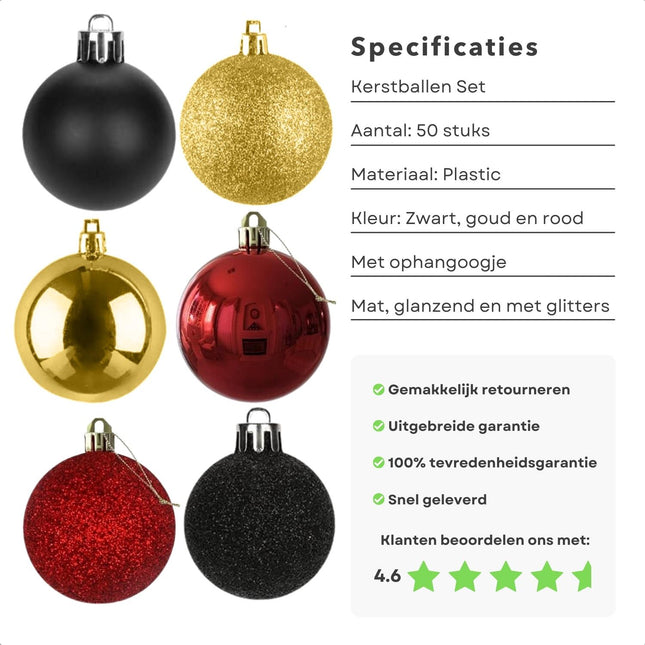 Cheqo® Kerstballen Set - Kerstballenset - Kerstdecoratie - Kerstboom Versieren - Kerstversiering - Onbreekbaar - Met Ophangoogje - Kerstversiering Kerstboom - Mat - Glans - Glitter - 50 Stuks - Rood - Goud - Zwart Kerstballen
