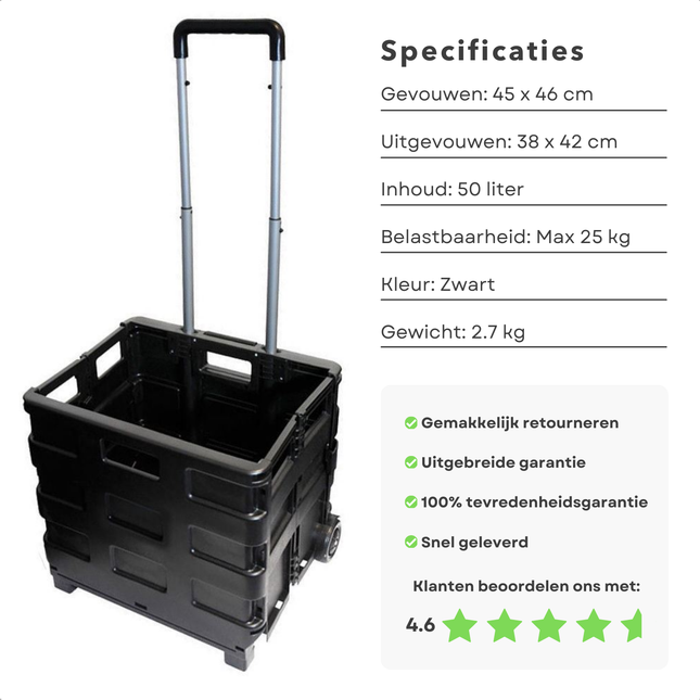 Cheqo® Opvouwbare XL Krat met Trolley, 50 liter, zwart, met trekstang en wielen, maximaal 25 kg belastbaar.