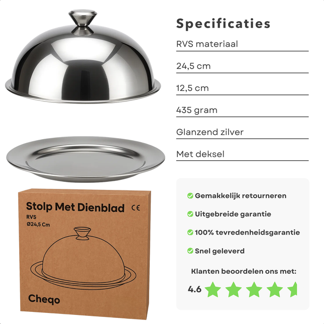 Cheqo® RVS Stolp - Serveerschaal Met Deksel - Voedsel Presenteren - Taartstolp - Kaas Stolp - Gebak Stolp - Snacks Presenteren - Glanzend RVS - Diameter 24.5 Cm - Stolp Met Dienblad