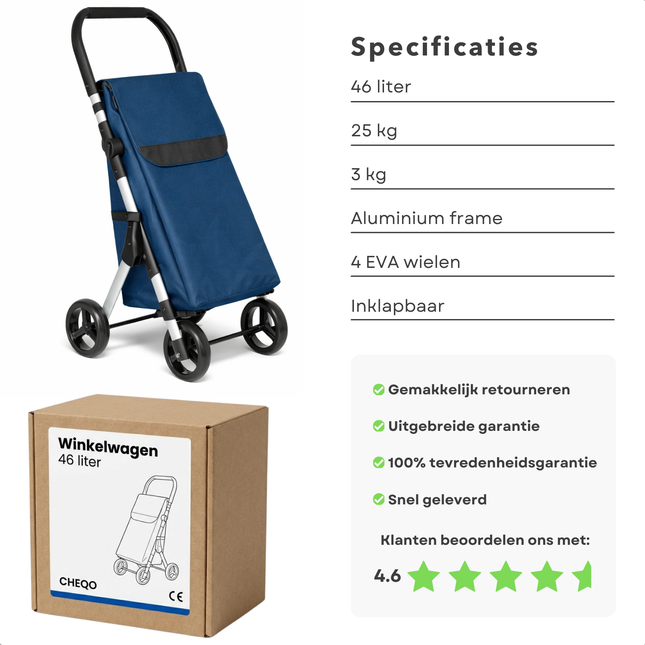 Cheqo® Boodschappentrolley - Boodschappenwagen - Boodschappenkar - Shopping Trolley - Boodschappentrolley Blauw - Opvouwbare Boodschappentrolley - Boodschappentrolley Met Wielen - Boodschappentrolley 4 Wielen