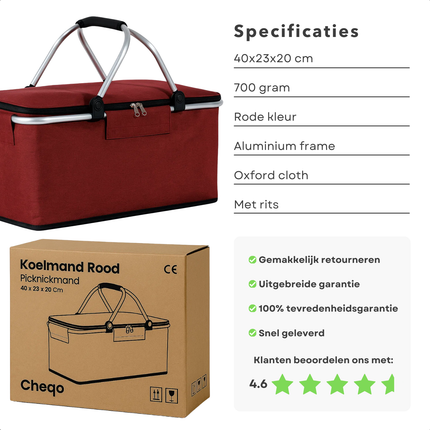 Cheqo® Opvouwbare Picknickmand - Picknickmand Rood - Koelmand Met Rits - Aluminium Frame - Oxford Cloth - Lichtgewicht Mand - Draagbare Picknickmand - Picknickmand Met Handvat - Picknickmand Voor Buiten - Picknickmand Voor Reizen