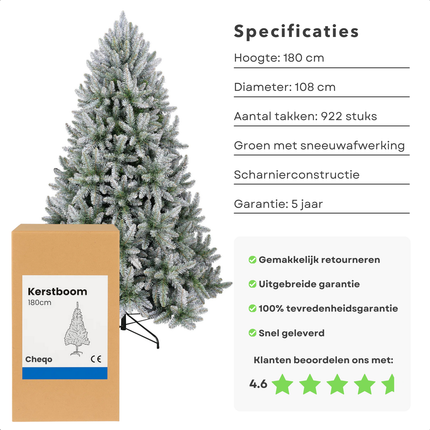 Cheqo® Kunstkerstboom - Besneeuwde Kerstboom - Groene Kerstboom - Realistische Look - Natuurgetrouwe Naaldvorm - Scharnierconstructie - Volle Kerstboom - Weelderige Boom - 180 cm Kerstboom
