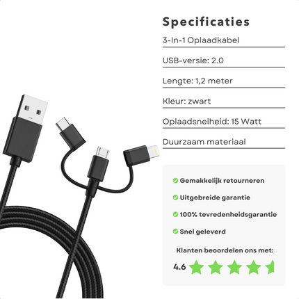 Cheqo® 3-in-1 Oplaadkabel - USB-C - Lightning - Micro-USB - Versterkt - Voor Smartphones - 1.2m - 15W - 480 Mbps - USB 2.0 - Snellader - Oplader - Fast Charge - Voor Auto - Onderweg - Thuis - Multifunctionele Oplaadkabel Apple Lightning naar USB