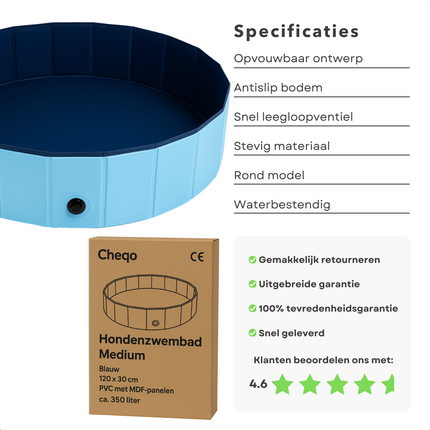 Cheqo® Honden Zwembad - Hondenzwembad Opvouwbaar - Opzetzwembad Huisdier - Hondenbad - Dierenbad - Bad Voor Middelgrote Honden - Blauw