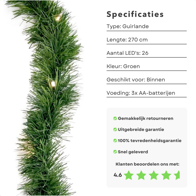 Cheqo® Feestelijke Kerstslinger - 270 Cm - 26 LED's - Op Batterijen - Guirlande - Kerstversiering - Kerstlampjes - Kerstboomverlichting - Kerstverlichting - Sfeerverlichting - Kerst Slinger - Warm Wit Guirlande