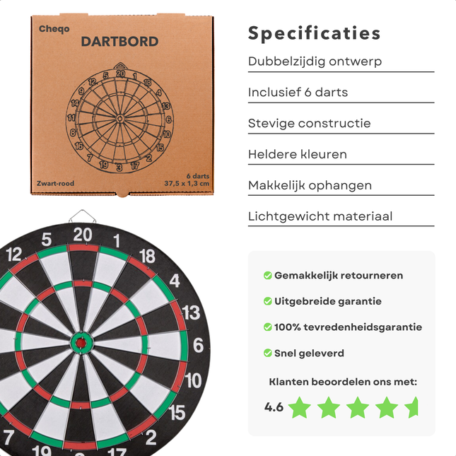 Cheqo® Dubbelzijdig Dartbord met Dartpijlen - Inclusief 6 Darts - Darten - Dart Bord