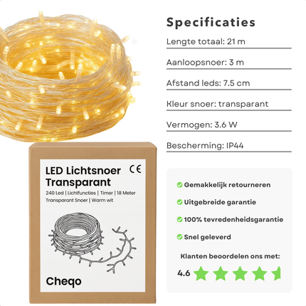 Cheqo® LED Verlichting - 240 LED Lampjes - Warm Wit - Lichtfuncties - Timer Functie - 18 Meter Lichtsnoer - Kerstboomverlichting Transparant Snoer - Binnen En Buiten - IP44 Adapter - Kerstverlichting - Lichtslinger - Sfeerverlichting - Kerstlampjes