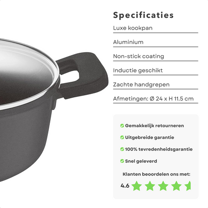 Cheqo® Inductie Kookpan - Aluminium Anti-aanbaklaag - 4.5 Liter- Hapjespan - Alle Warmtebronnen