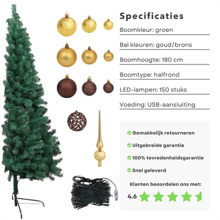 Cheqo® Kerstboom - Kunstkerstboom 180 cm - Halve Boom met LED Verlichting - Ruimtebesparend PVC Design