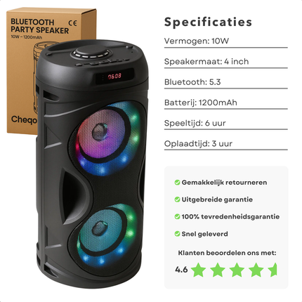 Cheqo® Bluetooth Party Speaker - Draagbare Speaker - Krachtig Geluid - RGB LED-Verlichting - Draadloze Verbinding - Bluetooth 5.3 - TWS-Functie - Multifunctioneel Afspelen - USB, Micro SD, AUX - FM-Radio - Lange Batterijduur - 10W Vermogen
