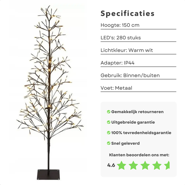 Cheqo Kunstkerstboom 150 cm met 280 warm witte LED's, geschikt voor binnen en buiten, metalen voet, product specificaties en klantbeoordeling.