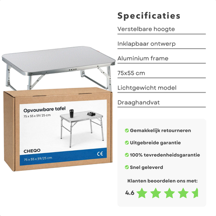 Cheqo® Campingtafel - Inklapbare Campingtafel - Kampeertafel - Inklapbare Tafel - Klaptafel - Vouwtafel - Opvouwbare Tafel - Camping Tafel - Bijzettafel Camping - Kindertafel Inklapbaar - Lage Campingtafel - Campingtafel Verstelbaar