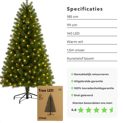 Cheqo® Kunstkerstboom Met Verlichting - Kunstkerstboom 185 cm - Verstelbare Takken - Onderhoudsvriendelijke Kerstboom - Kunststof Kerstboom - Kerstboom Voor Binnen - Warm Witte LED Lampjes - Kerstboom Met Standaard - Ruimtebesparende Kerstboom