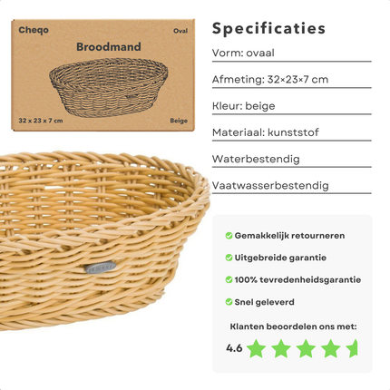 Cheqo® Ovale Broodmand - Broodmandje - Fruitmand - Waterbestendig - Mand - Mandje - Rieten Look