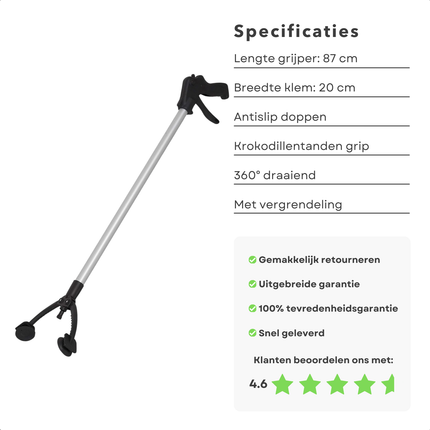 Cheqo® Grijper Met Vergrendeling - Grijptang - Grijparm - Grijphulp - 87 cm - Hulpgrijper - Antislip & Draaibare Arm