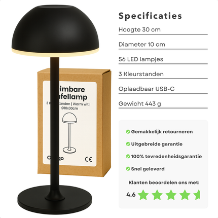 Cheqo® Dimbare Tafellamp - Usb Oplaadbaar - Zwart Metaal - 3 Kleur Modes - LED Warm Wit - Tafellamp Met Batterij - Tafel Lamp - Nachtlamp - Draagbare Lamp - Verstelbare Helderheid - Energiezuinige LED - Tafellamp Voor Bureau