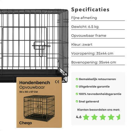 Cheqo® Hondenbench – Bench voor Honden - Opvouwbare Draadkooi Zwart – Autobench & Transportbox – Voor Grote Honden – Met Deur & Bovenopening – Reismand – Stevig Stalen Frame – 6.5 kg – Voor Thuis & Onderweg