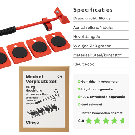 Cheqo® Meubelverplaatser - Til- En Verplaatshulp - Meubels Verplaatsen - Zware Dozen Tillen - Draagvermogen 180 KG - Hevelstang - Meubelrollers - Verplaatsing Van Wasmachines - Wieltrolleys - Verplaatsgemak - Meubeltransporter