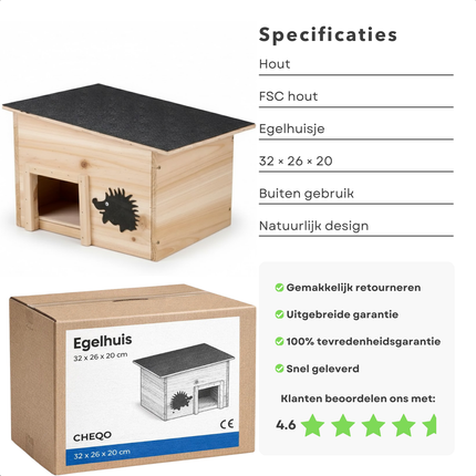 Cheqo® Egelhuis - Egelhuisje - Egelhuis voor Buiten - Egelhuis Tuin - Egelhuisje Tuin - Houten Egelhuis - Egel Nestkast - Egel Schuilplaats - Egelhuis met Afneembaar Dak