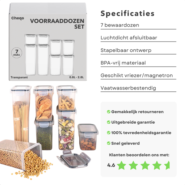 Cheqo® Luchtdichte Bewaardozen Set - Voorraadpotten - Voorraadbussen - BPA-vrij - Stapelbare Voedselcontainers - Geschikt voor Magnetron