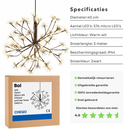 Cheqo® Lichtbol Warm Wit - Kerstverlichting Buiten - Ø 40 cm - Met Timer - Spatwaterdicht - Tuinverlichting - Micro LED-Lampjes - Zwart Snoer - IP44 Stekker - Voor Binnen En Buiten - Hangend Licht - Kerstversiering - Decoratieve Lamp - 576 LED's