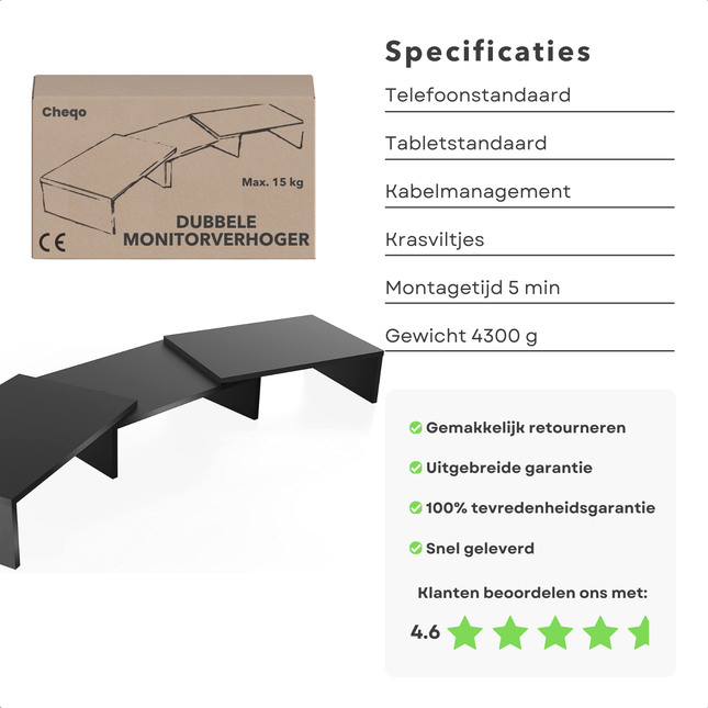 Cheqo® Dubbele Monitorverhoger - Monitor Verhoger - Laptop Standaard - Laptopverhoger - Bureau Organizer voor Twee Schermen - MDF Zwart - Met Kabelmanagement