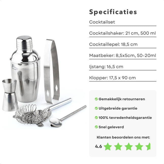 Cheqo® Complete Cocktailset - RVS - Cocktailshaker Set  - 5-delige Set - Cocktail Shaker - Cadeau voor Man - Cadeau voor Vrouw - Bar Shaker Set - Lange Levensduur cocktailsets