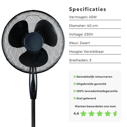 Cheqo® Ventilator - Statief Ventilator - Airco Alternatief - Fan - Statiefventilator 40cm - Zwart 45W - Verstelbaar voor Koelcomfort - 230V