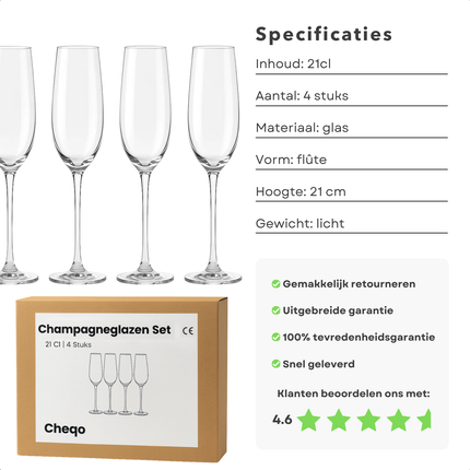 Cheqo® Champagneglazen Set - Champagneglas Set - Glazen Voor Champagne - Set Van 4 - Feestelijke Glazen - Hoogwaardige Kwaliteit - Elegant Design - Glaswerk Voor Feest - Luxe Uitstraling - Transparant Glas - Glazen Voor Bubbels