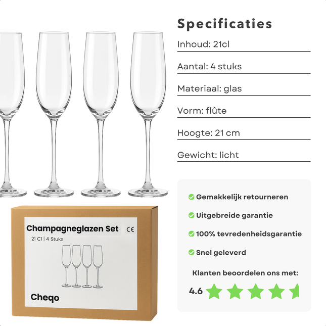 Cheqo® Champagneglazen Set - Champagneglas Set - Glazen Voor Champagne - Set Van 4 - Feestelijke Glazen - Hoogwaardige Kwaliteit - Elegant Design - Glaswerk Voor Feest - Luxe Uitstraling - Transparant Glas - Glazen Voor Bubbels