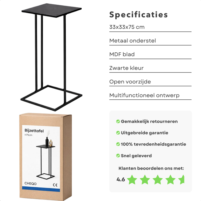 Cheqo® Bijzettafel - Zwarte Bijzettafel - Sidetable - Zwarte Sidetable - Banktafel - Zwarte Banktafel - Eindtafel - Nachtkastje - Zwart Nachtkastje - Bedtafel - Laptoptafel - Laptoptafel Voor Bank - Plantentafel - Plantenstandaard - Zuil Tafel