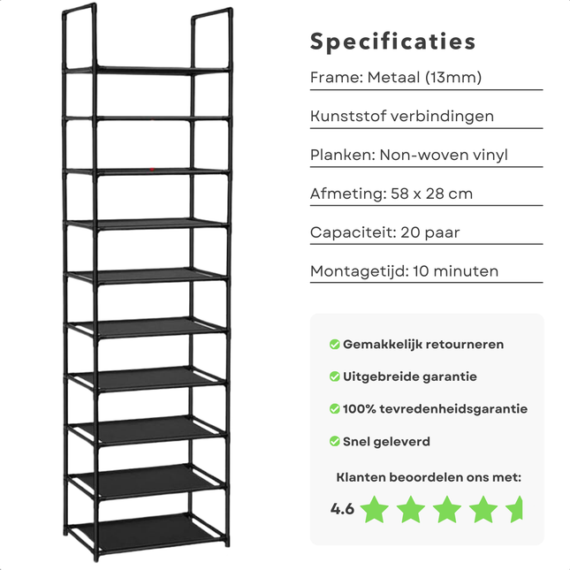 Cheqo XL zwart metalen schoenenrek met 10 lagen, biedt ruimte voor 20 paar schoenen, afmetingen 58x28x175 cm, handige montagetijd.
