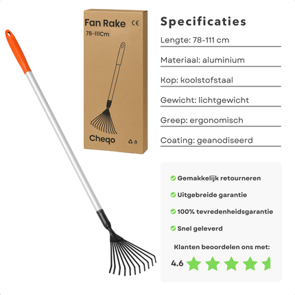 Cheqo® Telescopische Tuinhark – Verstelbare Bladhark met Uitschuifbare Steel – Aluminium & Koolstofstaal – Corrosievrij Tuingereedschap – Lichtgewicht Hark voor Tuin en Gazon – Stevige Telescopische Handgreep