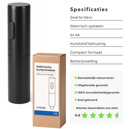 Cheqo® Elektrische Kurkentrekker - Elektrische Wijnopener - Automatische Kurkentrekker - Automatische Wijnopener - Wijnopener Elektrisch - Elektrische Flesopener - Wijnflesopener Elektrisch - Elektrische Kurkentrekker Zwart
