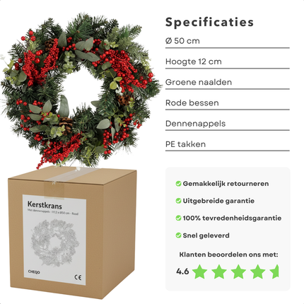 Cheqo® Kerstkrans - Deurkrans - Rode Bessen - Dennenappels - Groene Naaldtakken - Traditionele Kerstdecoratie - Klassieke Uitstraling - Stevige Takken - Polyetheen Materiaal - Kerst Krans - Deurkrans - Herbruikbaar - 50 CM Diameter