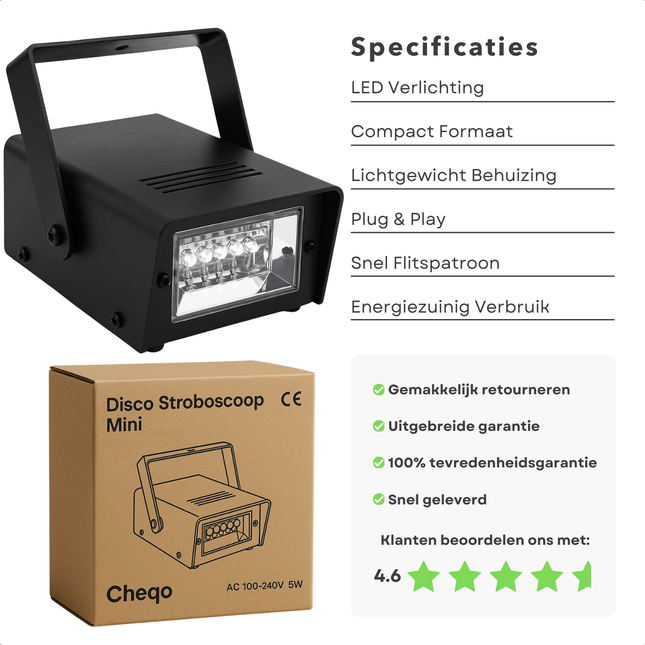 Cheqo® Disco Stroboscoop Mini - Flitslicht - Discolicht - Compacte LED Feestverlichting - Voor Thuis & Party - Flitser