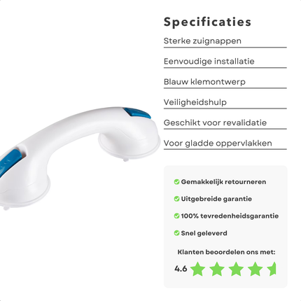 Cheqo® Badgreep Met Zuignappen - Douchegreep - Veiligheidsgreep - Veiligheidssteun Douche - Antislip Handgreep Bad - Kunststof
