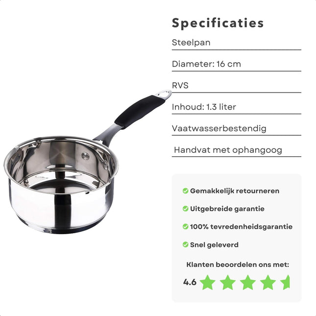 Cheqo® Steelpan - 16 Cm - 1.3 Liter - Sauspan - 360° Inductie - Geschikt Voor Alle Warmtebronnen - RVS Handvat - Maatverdeling - Vaatwasserbestendig - Duurzaam - Kookpan steelpannen