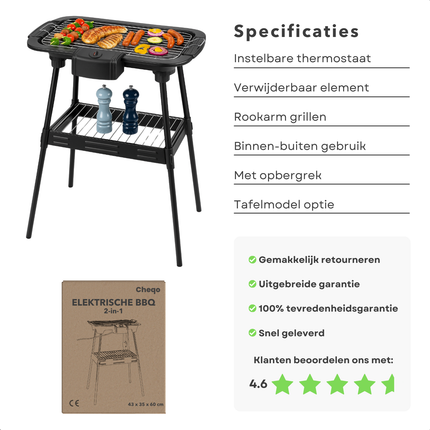 Cheqo® Elektrische BBQ 2-in-1 - Rookvrij - Tafelbarbecue Voor Binnen & Buiten - Elektrische Barbecue - BBQ voor Camping & Tuin