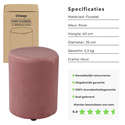 Cheqo® Poef Fluweel Roze - Poefje - Bijzettafel - Voetenbankje - Stijlvolle Zitmeubel - Compact Design - Modern Interieur