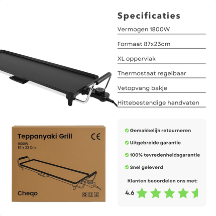 Cheqo® Teppanyaki Grillplaat - XL Bakplaat - 1800W Vermogen - Tafelgrill - Instelbare Thermostaat - Social Dining - Elektrisch Koken - Gemakkelijk Te Reinigen - Met Vet Lekbakje - Handvatten - Gourmet Grillplaat - Grote Grilloppervlak