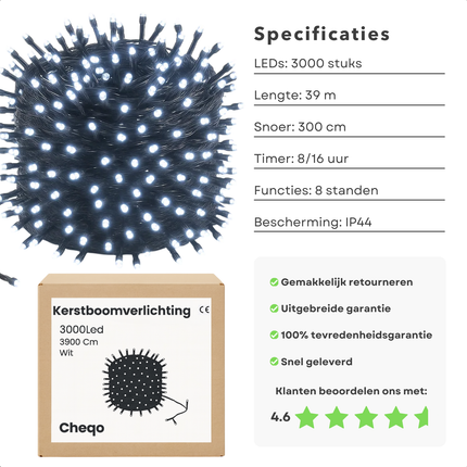 Cheqo® Kerstverlichting - Kerstlampjes - Kerstboomverlichting - 3000 LED - Wit Licht - Koelwit - Verlichte Lengte 3900 CM - Lichtfuncties - Automatische Timer - Binnen en Buiten - IP44 Adapter - Geheugenfunctie - Clusterverlichting