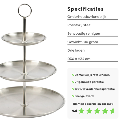 Cheqo® Etagere 3-Laags - RVS Serveerschaal - 34 cm Hoog - Ideaal voor High Tea - Serveer Schaal - Borrelplank