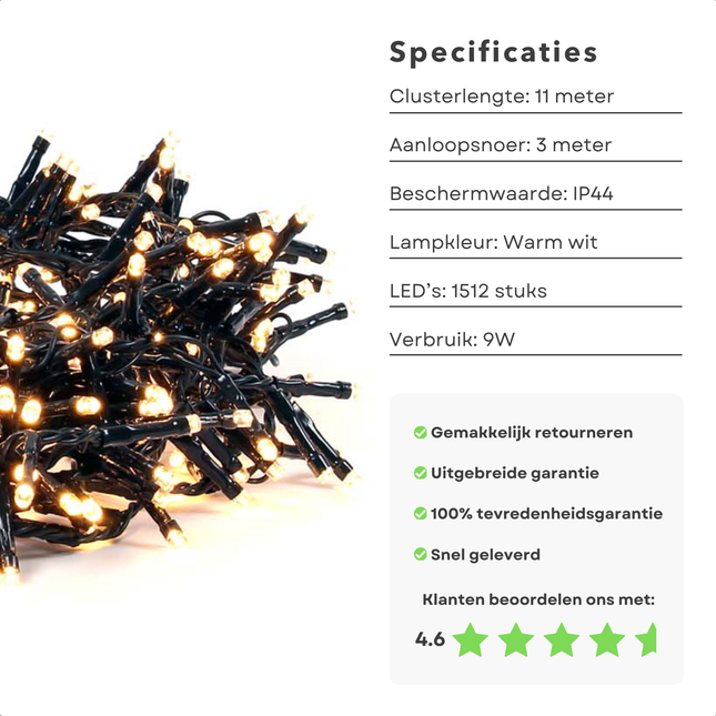 Cheqo® Clusterverlichting LED - 1512 Warm Wit - 11M Timer - Buiten & Binnen