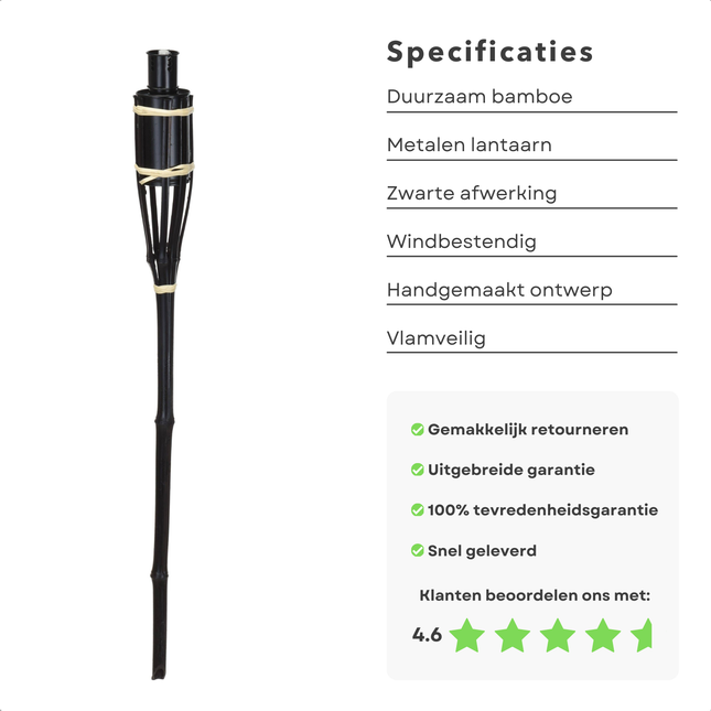 Cheqo® Bamboe Fakkel 60 cm - Tuinfakkel - Zwarte Tuinverlichting - Metalen Lantaarn Buiten