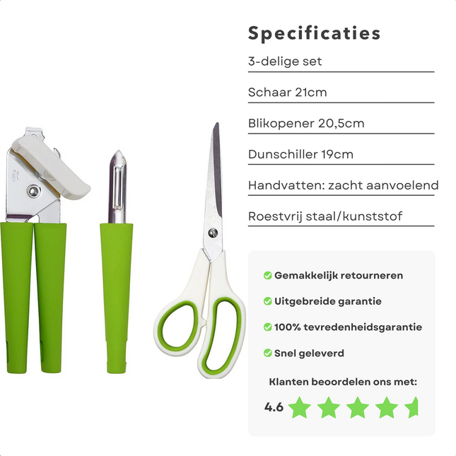 Cheqo® Multifunctionele Keukenschaar Set met Blikopener en Dunschiller - Keukenset - Keukengerei - Keukengereedschap - RVS Keukenschaar